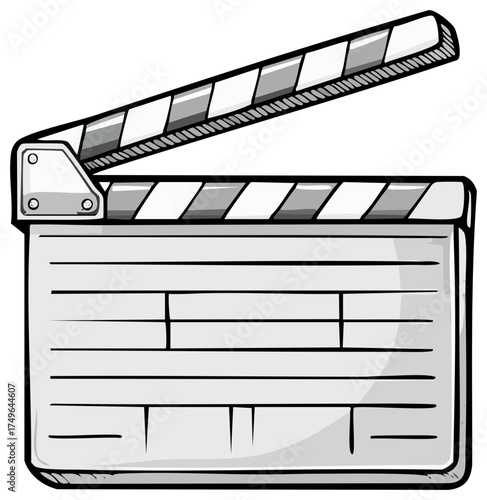 Film slate illustration with a striped clapper and a white surface for scene notations in a hand-drawn vector style