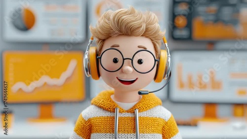 A cartoon child wearing headphones and glasses, in front of monitors with data graphs