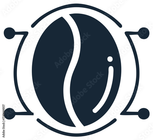 Stylized Coffee Bean with Orbiting Nodes and Lines Abstract Graphic