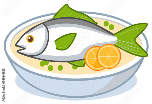 Whole baked fish served with peas and citrus slices in a decorative bowl