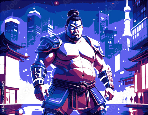 Modern Sci-Fi Rikishi Character Blending Traditional and Tech Attire.