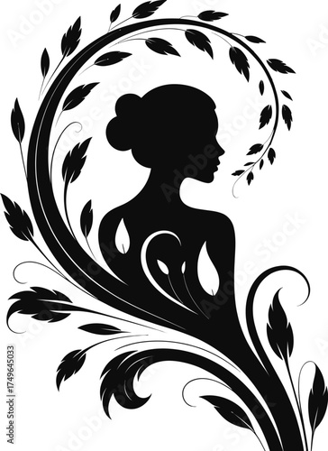 Floral Woman Silhouette with Leaves Vector Design