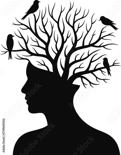 Human Mind Tree Silhouette with Birds Vector