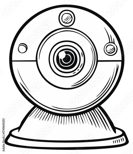 Web camera illustration in black and white. Outline drawing of a digital web cam isolated.
