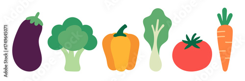 Set of flat vegetable icons with eggplant, broccoli, pepper, tomato, carrot, and lettuce. Minimal colorful vector design for healthy food, packaging, or eco branding.