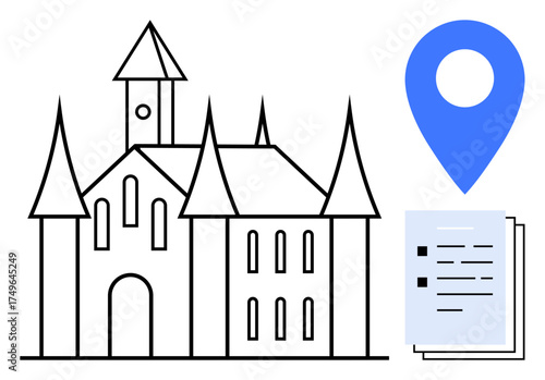 Gothic-inspired cathedral fa ade with map pin and documents symbolizing location, travel, and historical research. Ideal for tourism, heritage, architecture, navigation, planning, education simple