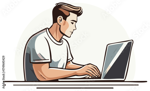 Man Working on Laptop at Desk Illustration Remote Work Online Communication
