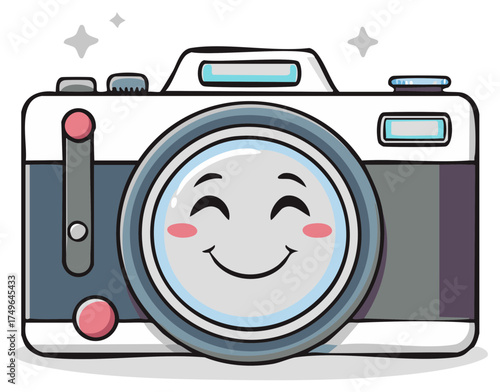Cheerful cartoon camera character with blushing cheeks and happy expression