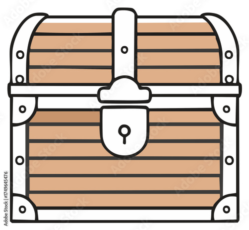 Cartoon illustration of a closed wooden pirate treasure chest with a lock