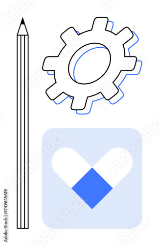 Pencil, gear, and a heart-shaped innovation icon convey creative design, technology, and problem-solving processes. Ideal for creativity, innovation, development, strategy education healthcare