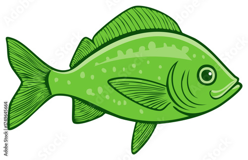 Vibrant Green Fish Illustration with Detailed Fins and Spot Pattern
