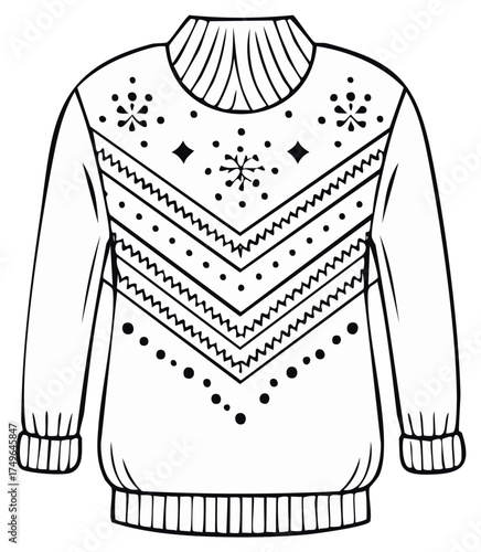 Ugly Christmas Sweater Outline Art with Zigzag and Snowflake Patterns Black and White