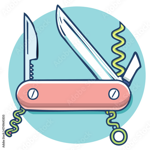 Pocket knife with blades, corkscrew and screwdriver illustration, tool for camping, traveling or survival, compact folding multi tool