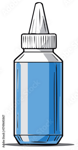 Cartoon illustration of an eye drop bottle containing a blue liquid.