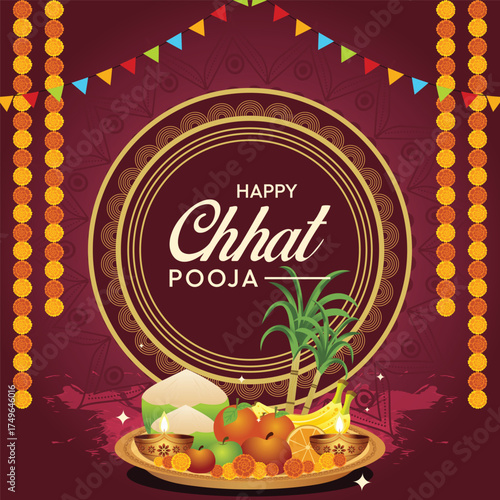 Happy Chhath Puja illustration with fruits thali, diya, mandala, garland, and flags, celebrating the Sun God worship festival by women in Bihar and Uttar Pradesh, India.