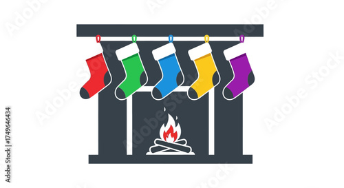Festive Christmas Stockings Hanging on a Fireplace Mantel Illustration