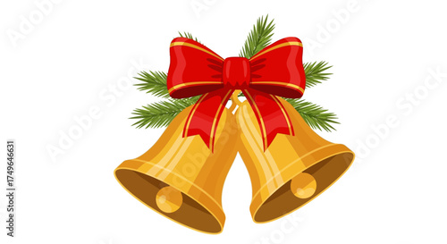 Golden Christmas jingle bells with a festive red ribbon bow and holly leaves, a classic holiday vector illustration
