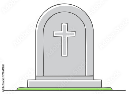 Simple Hand Drawn Tombstone With Cross Symbol on Green Grass