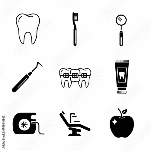 Dental Care and Oral Hygiene Icons: A set of essential dentistry tools, orthodontics, and everyday oral health items for maintaining a healthy smile.