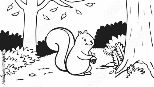 Cute cartoon squirrel holding an acorn in a forest with trees and falling leaves black and white line art illustration