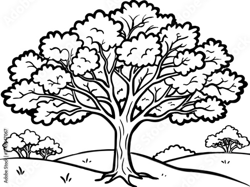 A large detailed black and white line art illustration of a mature tree with a sprawling canopy in a simple landscape setting