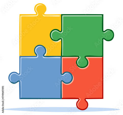 Four colorful puzzle pieces connected in square shape, perfect fit. Teamwork and Problem solving concept
