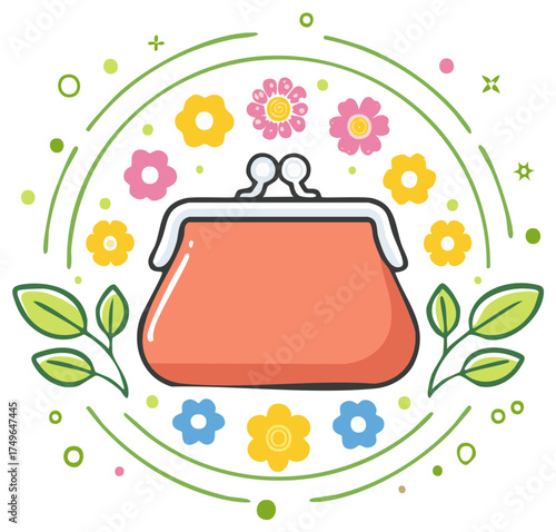 Hand drawn coral coin purse with playful floral and leaf decorative border