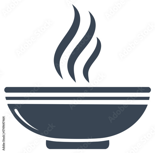Minimalist graphic symbol of hot food in a bowl with rising steam representing delicious warmth and fresh cooking