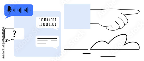 Hand pointing with speech bubbles, voice command icon, binary code, and cloud elements. Ideal for AI, technology, data sharing, cloud computing communication innovation education. Simple flat