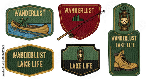 Collection of wanderlust lake life themed stickers featuring outdoor adventure and camping elements