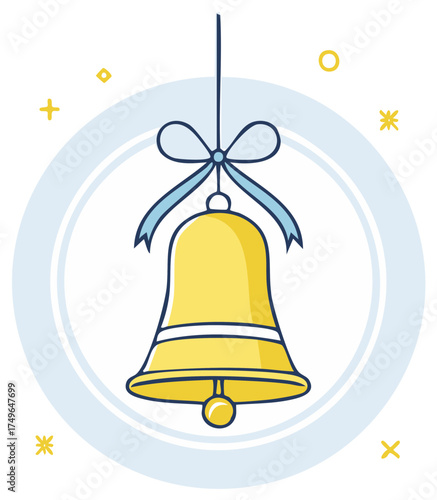 Gold Jingle Bell with Blue Ribbon and Ring Accent Illustration for Christmas Holiday Season
