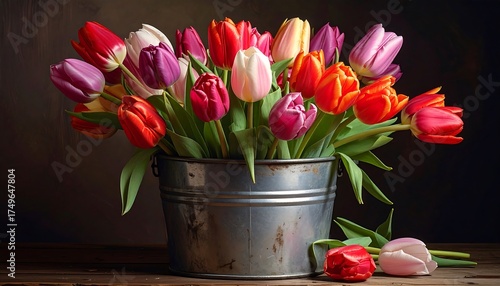 Colorful Tulips in a Metal Bucket.