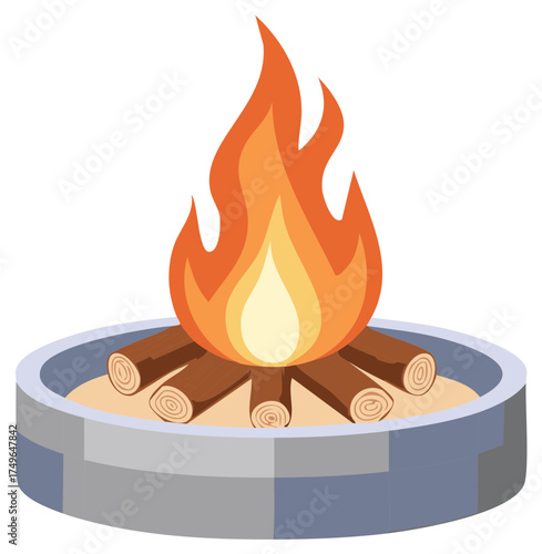 Outdoor Campfire burning brightly in a circular stone fire pit with logs and embers