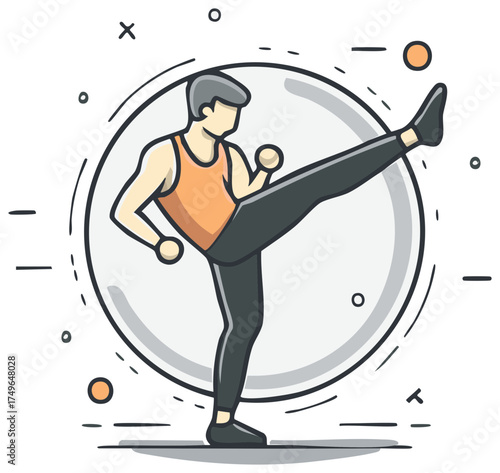 Dynamic illustration of a man practicing a powerful high kick for fitness training