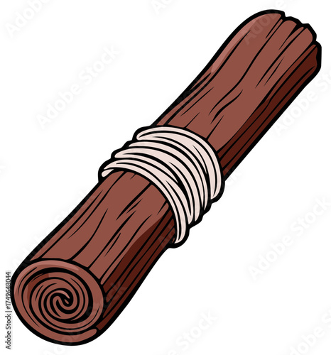 Cartoon wooden scroll tied with rope for ancient message