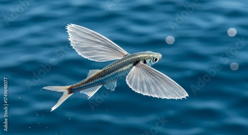 Flying fish gliding above ocean surface, symbol of freedom and adaptation, showcasing the beauty of marine wildlife and tropical sea life.