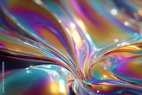 Forme fluide abstraite en verre coloré avec reflets dorés et violets sur fond doux bokeh