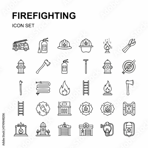 Firefighting Icon Set: Essential Equipment and Symbols in Line Art for Emergency Services