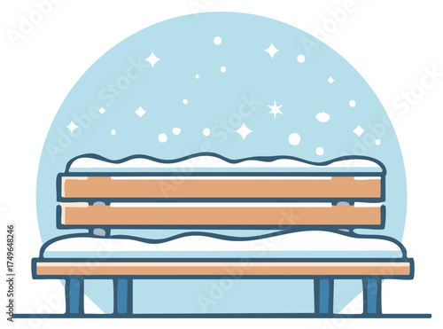 Empty park bench covered in soft snow and falling snowflakes during winter season