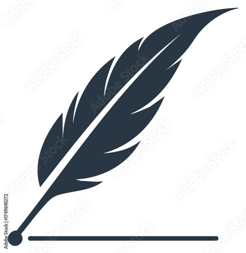 Elegant feather quill pen icon writing a simple line for historical documents or signature