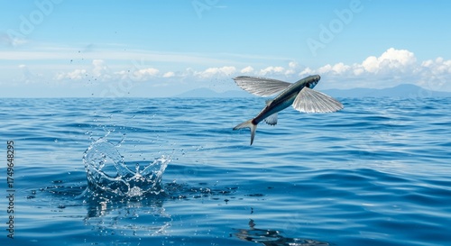 Flying fish gliding above ocean surface, symbol of freedom and adaptation, showcasing the beauty of marine wildlife and tropical sea life.