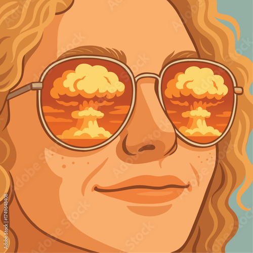 vector portrait of a man in sunglasses reflecting the clouds of a nuclear explosion. The last moment. reflection of a nuclear mushroom in sunglasses.
