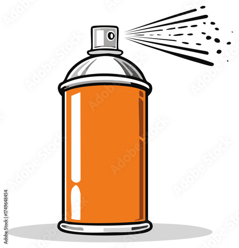 Orange aerosol spray can illustration with silver cap and spray graphic element
