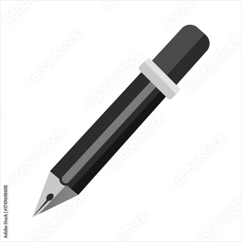 Minimal flat vector illustration of a black graphite pencil with metal ferrule and sharp tip, shown diagonally on white background. Clean, modern stationery icon for education, office, drawing, brand