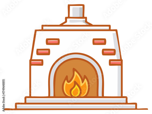 Cartoon Stone Fireplace with Orange Flames, Warmth and Comfort, Hearth Illustration