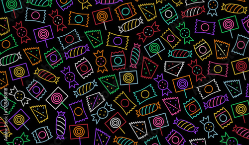 Neon candy pattern illustration with various colorful candy packaging on black background perfect for sweet product design party decoration or playful halloween theme