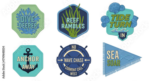 Nautical ocean sea travel adventure badges and patches design collection