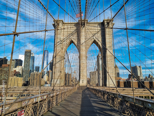 Brooklyn Bridge, New York - pedestrian walkway on the historic and tourist bridge in New York