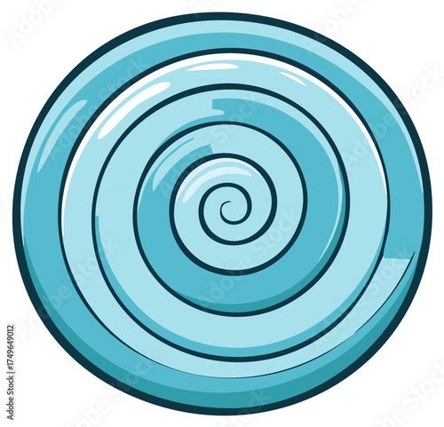 A shiny light blue spiral lollipop top or hard candy cartoon illustration