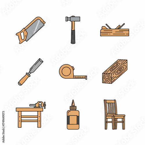 Colorful Woodworking and Carpentry Tools Icon Set with Saw, Hammer, Chisel, Plane, Workbench, Wood, and Glue for DIY Projects.